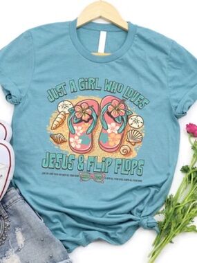 Just a Girl Who Loves Jesus & Flip Flops Graphic Tee - Heather Lagoon